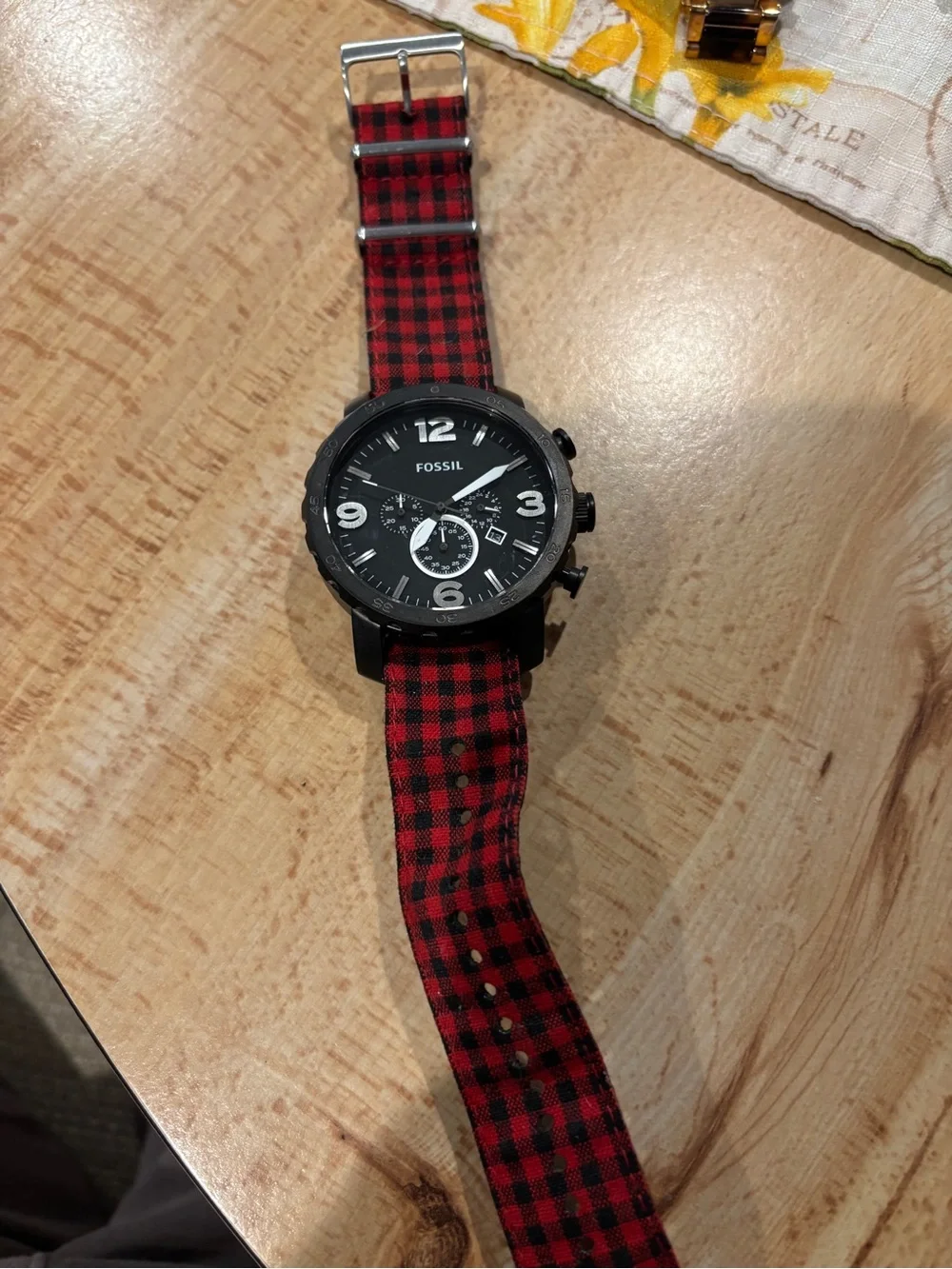 Fossil Black Dial Chronograph Watch with Red and Black Plaid Strap